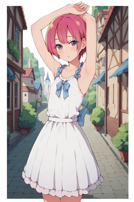 score_9, score_8_up, score_7_up, source_anime , 1girl ,  intricate details, highly detailed background, intricate details, highly detailed background, masterpiece, high quality, prefect hands, best quality,  masterpiece, high quality, prefect hands, best quality , small breast , blush , outdoor ,  town , standing   ,  solo  , 
   , <lora:DetailedEyes_V3:1> <lora:tweak-detail-xl:1>  
,MizukiPN , 1girl , gray eyes , pink hair , short hair , small breast ,   <lora:Suzushiro_Mizuki_Boku_Girl:1> , white dresses , sleeveless , sundresses , armpits ,