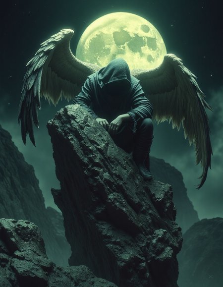 A brooding, winged figure sits atop a craggy rock formation under a luminous full moon.  The figure, shrouded in a hooded robe, is positioned in a pensive pose, with head bowed and hands resting on knees.  Large, detailed, and flowing feathered wings extend from the figure's back, a pale grayish-white contrasted against the dark attire and rock.  The figure's attire exhibits rich, textured details that suggest intricate stitching and deep shadows. The rocky outcrop is rough-hewn and textured, showing diverse shades of dark gray and deep brown stone.  A large, luminous pale yellowish-green moon hangs prominently in the background illuminating the scene; this light casts a subtle, ethereal glow over the scene.  The overall color palette is muted, with a dominant cool tone emphasizing the dark, solitary mood.  Ambient lighting accentuates the details of the rockface.  The style is reminiscent of surrealist, fantasy art.  The perspective is high, providing a grand and contemplative feel.  The image conveys a sense of quiet melancholy and solitude beneath the vast and luminous night sky, HKMagic, <lora:Dever_Flux_Enhancer:0.5>, <lora:Dark Cinematic:0.7>, <lora:FantasyWizardWitchesFluxV2-000001:0.8>