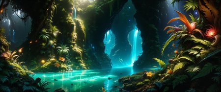 highly detailed mystical realism oil painting in the style of johan christian dahl and maurice sapiro, ancient, dark jungle brimming with life, an enchanted forest hidden deep in mystery, in the foreground, large, otherworldly plants with vibrant, exotic leaves and gorgeous intriguing flowers edge a glowing azure pool, lush layers of vegetation framing the waterfallâs base, dark shadows fill the corners, the center scene features a narrow, bioluminescent waterfall cascading down a rugged, multi-tiered cliff, its gentle glow casting a faint blue-green light, thick, emerald moss covers the cliff, hinting at untold ages, in the background, the dense foliage extends into the shadows, punctuated by faint glows from hidden recesses, suggesting unseen life, a medium-wide shot with slight overhead perspective, capturing the waterfall, pool, and dense jungle foliage in a balanced, layered composition, dynamic chiaroscuro lighting, with warm dappled light filtering through the thick jungle canopy, soft, ethereal glow around the waterfall and pool, faint reflections off the vibrant plants, intricate textures and shadow detail, soft interplay between deep green shadows and luminous highlights, painting-quality detail, realistic contrasts, and rich color gradations, primordial and wondrous scenery, in the style of ck-ovf, <lora:faetastic_details-flux-by_faeia:1.0> <lora:style-oneviolentfantasy-ep21-flux-by_chronoknight:0.76>