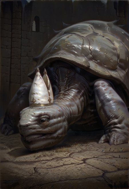 masterpiece, best quality, newest, absurdres, highres, DFOP-V3.0, oil painting, animal, animal focus, no humans, MTDPV1.0, turtle, tortoise, hat, mitre, white headwear, oversized animal