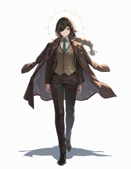 Volumetric Lighting, (masterpiece), (best quality), (ultra-detailed), masterpiece, source_anime, score_9, score_8_up, score_7_up BREAK, illustration, disheveled hair, detailed eyes, perfect composition, moist skin, intricate details, detailed eyes, detailed face, detailed fingers BREAK, brown eyes, black hair,streaked hair, blonde hair, very long braid, single braid, scar across eye BREAK, SpecialAgentGetNoDayOff, SAG_coat, coat on shoulders,SAG_white_shirt, SAG_necktie, SAG_vest, open blazer, SAG_blazer, SAG_pants, SAG_boots, def_eyepatch, BREAK, (((white background))), looking at viewer,1girl,solo, full body, standing,shadow