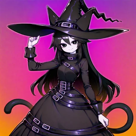 1girl, solo, (chlomaki, cat ears, long hair, black hair, black eyes, white skin, animal hat, belt, cat hat, witch hat, hat with ears, black dress, cat tail, smile), (),  general, masterpiece, best quality, highres,  looking at viewer,   <lora:Cholmaki_-_Okegom_Illustrious:1>
