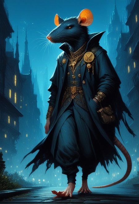 BREAK score_9, score_8_up, score_7_up,  night time, city, ominous, rat, top hat, cloak, smug, hands in pockets, gold ring, pocket watch, walking cane, full body shot, (tail: 1.5)
(masterpiece, best quality, ultra detailed, intricate details:1.2), (detailed face:1.1), (rat folk:1.5) <lora:RPGRatFolkXL:1>