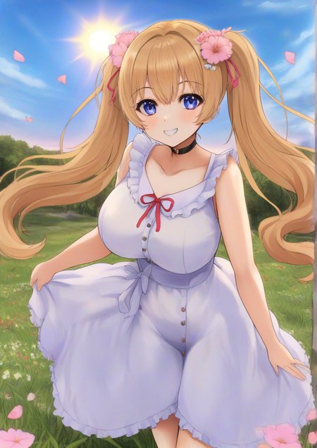 1girl, kitakami reika, huge breast, 2015, ^_^, bare arms, bare shoulders, birthday, blue sky, buttons, choker, collarbone, day, dress, flower, frills, grass, hair flower, hair ornament, light rays, long hair, outdoors, petals, plant, shirt, sky, sleeveless, sleeveless shirt, smile, solo, sparkle, standing, sun, sundress, sunlight, twintails, <lora:Minus_ZERO:1>