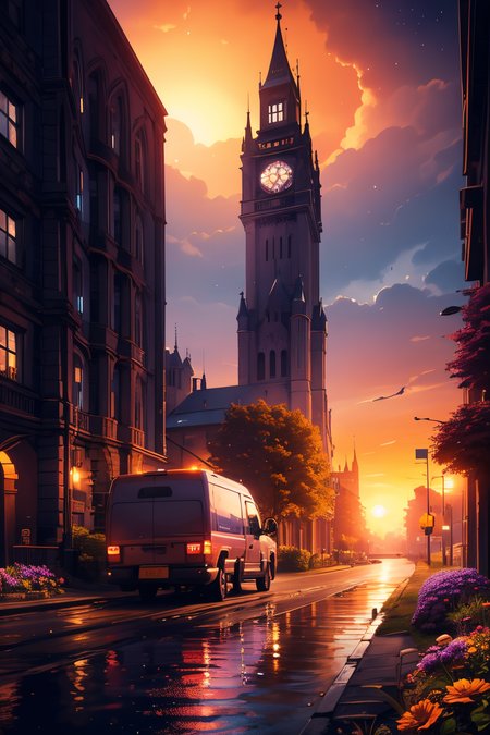 (Realistic:1.5) street, male focus, purple flower, sun, road sign, silhouette, underwater, jacket, garden, orange sky, river, star (sky), silhouette, gas mask, truck, underwater, castle, church, very wide shot, solo, <lora:EdobSyFyHorrorFairyTale_v1.0:0.8>