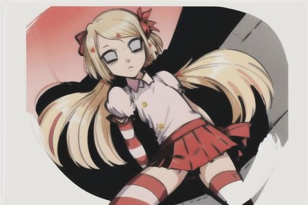 anime, 1girl, solo, Wendy, white shirt, short puffy sleeves, red pleated skirt, hair flower, no pupils, blank eyes, striped thigh highs