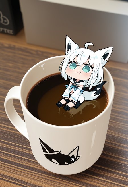 1girl, solo, shirakami fubuki, sitting, :3, coffee mug, minigirl, photo background
,masterpiece,best quality,amazing quality,