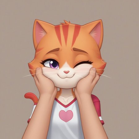SuperKitties, Anthropomorphic body, Ginny, mammal, furry, orange tabby munchkin, \(artwork\), 2023, solid color background, human hands (skin tone: white peach skin), shaded, portrait, fur, female, biped, short stack, purple eyes, red stripes, cat tail, ears down, brown thin eyebrows, one eye opened, light pink solid color shirt, oversized shirt, one shoulder off, magenta dolphin shorts, looking at the viewer, one eyelash, POV both hands on cheeks, hand holding, smiling, sad, mouth closed, no hair only fur, shading, oval-shaped head, white whiskers, white vanilla colored hands and feet (paws) close up