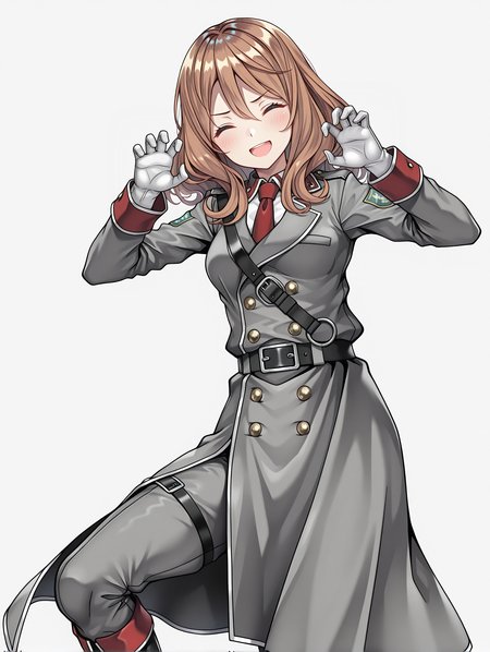 masterpiece,best quality,newest,
1girl,solo,
<lora:rail_clave_ilxl_v1.2:1>,rail_clave,brown hair,
r_uniform,red necktie,ä¸æ§åå¸,military uniform,white gloves,belt,grey pants,knee boots,
<lora:Fixhands_anime_bdsqlsz_V1:1>,face_focus,looking_at_viewer,open_stance,standing,light_blush,white_background,claw pose,laughing,closed eyes,
