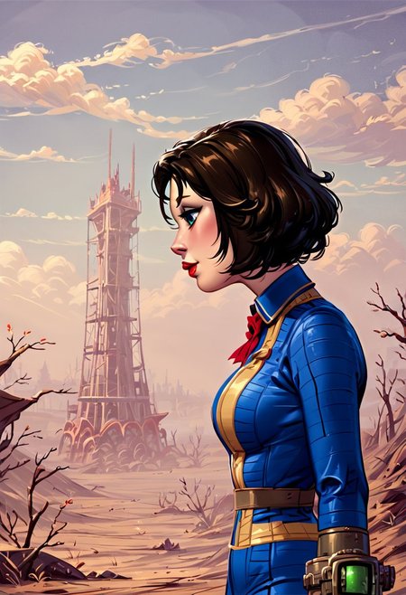 score_9,score_8_up,score_7_up,score_6_up,source anime, 1girl, Elizabeth from bioshock infinite, wearing vault suit costume, glamourous cosplay, in the fallout wasteland background, dieselpunk look, bioshock style, neon steampunk, profile shot, lofi bioshock steampunk portrait, apocalyptic fallout 76, and a pipboy on her wrist