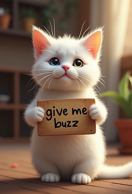 cute white cat holding a sign  it says "give me buzz", realistic, cinematic,bokeh