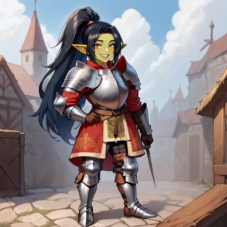 1girl, black hair, ponytail, sharp teeth, enormous lips, medieval armor, closeup, goblin woman, green skin, medieval clothes, large smile, (boisterous smile, mischievous smile), Expressiveh, yellow eyes, very muscular, pointed ears,  female goblin, Goblin, solo, long hair, gremlin energy, very short woman, mega ponytail, fully clothed, short stature, shortstack, ((armored boots, boots, shoulder armor, armor, pants, greaves, gloves, long sleeves)), broad shoulders, huge arms, Knight
