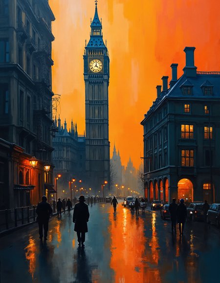 expressionism art by George Grosz, Painting, In a world where technology has been transformed into art, this futuristic city can be illuminated by the soft orange lighting that filters across its surroundings. This is no ordinary thing-inducing sight imaginagl from an earlier perspective as it's known to communicate in all directions in stunning visual clarity." The iconic Big Ben sits tall and sturdy atop Mercante Square, flanked by tall Victorian engineers working in bold lines and eye-catching structures. , gorgeous, badge, beautiful detailed supreme quality color intricate, set logical ambient background, Abstract expressionism, vibrant colors, dynamic