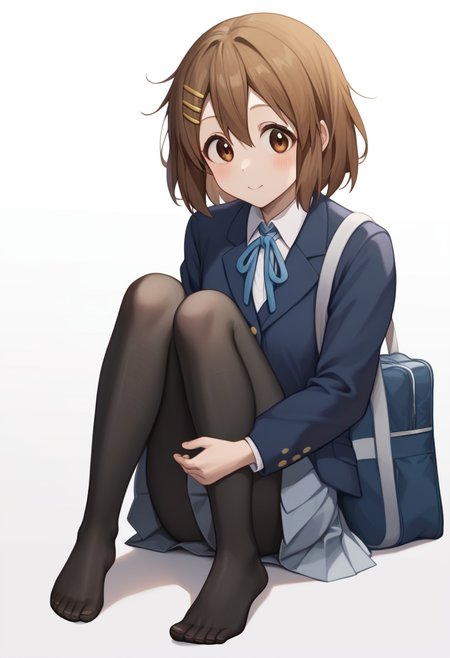 score_9,score_8_up,score_7_up,<lora:hirasawa_yui_pony:1>,white_shirt,sakuragaoka_high_school_uniform,toes,1girl,blazer,legs,simple_background,black_pantyhose,solo,feet,guitar_case,sitting,neck_ribbon,blue_ribbon,absurdres,white_background,highres,blue_jacket,hairclip,pleated_skirt,winter_uniform,no_shoes,school_bag,collared_shirt,grey_skirt,hirasawa_yui,