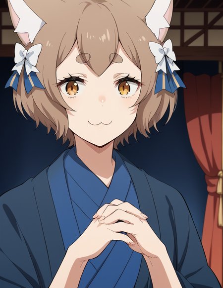 score_9, score_8_up, score_7_up, source_anime, <lora:felix-argyle-s3-p1-ponyxl-lora-nochekaiser:1>, felix argyle, short hair, bangs, brown hair, bow, animal ears, hair bow, male focus, cat ears, eyelashes, bob cut, thick eyebrows, white bow, otoko no ko,, japanese clothes, kimono, blue kimono, theater, stage, seats, performance, curtains, smile, <lora:gendou-pose-ponyxl-lora-nochekaiser:1>, gendou pose, own hands clasped, own hands together, parody,, looking at viewer, solo,, dutch angle, cowboy shot