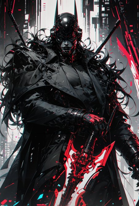 (score_9, score_8_up, score_7_up, thick lineart, sharp edges, cel shading, linear hatching, black and white comic-noir aesthetics, film noir atmosphere, high contrast, duotone, neon glitch art crimson and obsidian black), 
<lora:unholy:1>