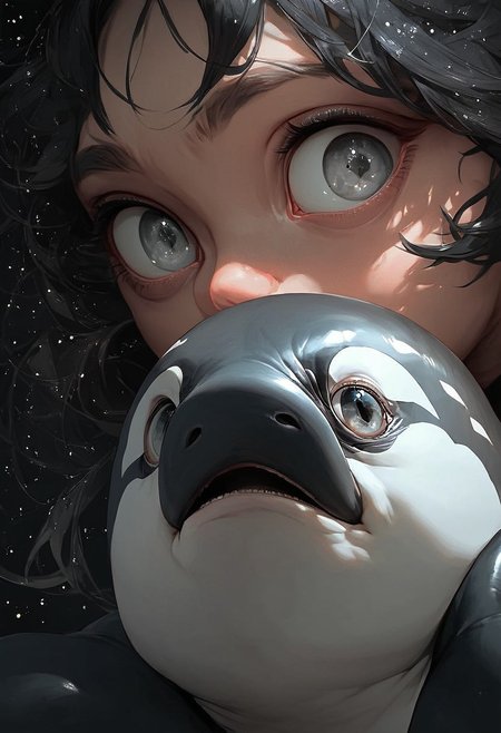 score_9, score_8_up, score_7_up, score_6_up, score_5_up, score_4_up,  male and an orca, (black star:1.2), girl has bronze hair and gray eyes, small eyes, galaxy, black background