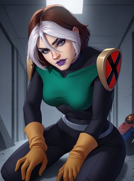 zPDXL2, source_anime,
roguexl, 1girl,  looking at viewer,  short hair, bangs,  gray eyes,
medium breasts, lipstick, purple lips, makeup, eyeshadow,
supersuit, yellow gloves,
 <lora:roguexl:1>