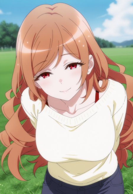 <lora:Eko:1>,eko,orange long hair,red eyes,solo,long hair,red eyes,
(Character),score_9, score_8_up, score_7_up, very aesthetic, source_anime, detailed, high quality, beautiful, masterpiece, detailed eyes, field, blurry background, pose dynamic angle, upper body, cowboy shot, light smile, floating hair, half-closed eyes, hands behind back, leaning forward, looking forward, looking at viewer.,