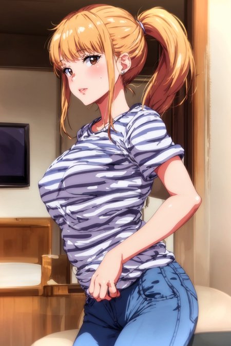 <lora:LCM_LoRA_Weights_SD15:0.3>, (masterpiece), (best quality), <lora:H.Aika:0.8>, h.aika, solo, ring, jewelry, sharp focus, BREAK, living room, striped shirt, jeans, looking at viewer, ponytail, shirt lift, nipples