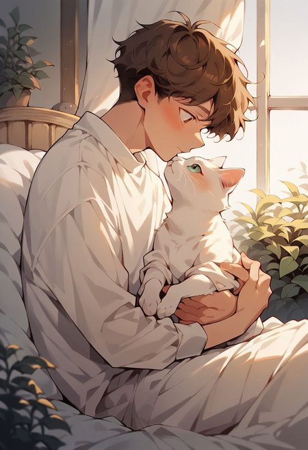 score_9, score_8_up, score_7_up, score_6_up,  p3tl0v3, 1boy, brown hair, cat, holding and kiss the cat, blush, sit on bed, bedroom windows with garden view, white translucent curtain, windy, open eyes,