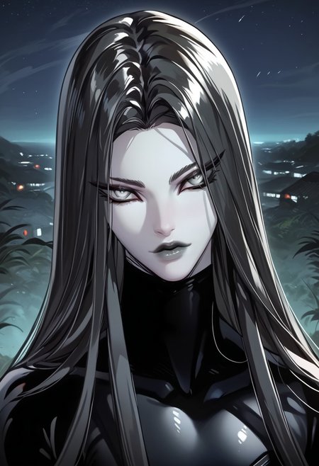 score_9, score_8_up, score_7_up, Expressiveh,
mioru, 1girl, solo, black hair, very long hair, black lips, grey eyes, makeup, pale skin, black bodysuit, skin tight, 
looking at viewer, red dress, full body, outdoors, night, portrait
