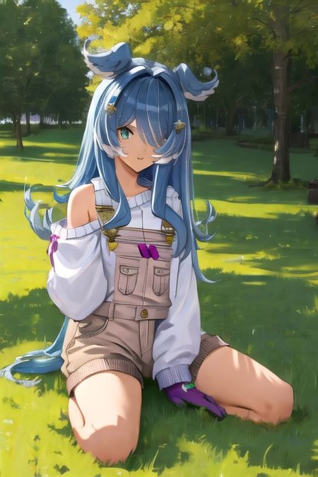 solo, 1girl, solo_focus, (((masterpiece))), ((best quality)), ((ultra-detailed)), high resolution, absurdres, highres, ultra-detailed 8k unity wallpaper, 
elira1st, long sleeves, overalls, white sweater, off shoulder, grey gloves, one eye covered, overall shorts