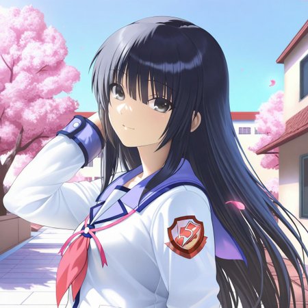 masterpiece, 1girl, Shiina, //(Angel Beats!//)
long black hair, dark eyes, calm expression, slight smile, looking at viewer, traditional school uniform, high school courtyard, cherry blossom trees, clear blue sky, petals falling, sunny, soft warm lighting, vibrant, detailed, anime style, soft focus, dreamy, subtle realism