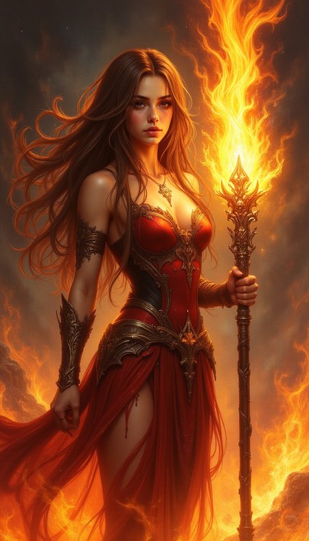A high-quality digital artwork in the style of pinkdarkcanvas, 
a woman with fiery hair and molten eyes, her staff erupting in a pillar of flames as she commands fire elementals.