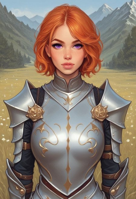 (((front view, beauty young clean face))),
looking at viewer, highly detailed, source_comic_illustration, from front, 1girl, illustration, looking at viewer, highly detailed, source_comic_illustrationskinny, looking at viewer, 1girl, masterpiece, best quality, cowboy shot, girl, realistic drawing, anime, by Sam Yang, sharp highly detailed 2d illustration, comic art, (hyperrealism, soft light, sharp), 
BREAK
(adult woman), (1girl, solo), (looking at viewer), ((knight, armor, skirt)), freckles, standing, (orange hair, medium hair), (purple eyes), (best quality, high detail), ((masterpiece)), ((ready to fight, holdind big sword in hands)), <lora:1_ino_20e:1>
BREAK 
((field, mountains)) score_9, score_8_up, score_7_up, score_6_up, source_cartoon, rating_explicit, Expressiveh, (((((upper body))))), dynamic pose