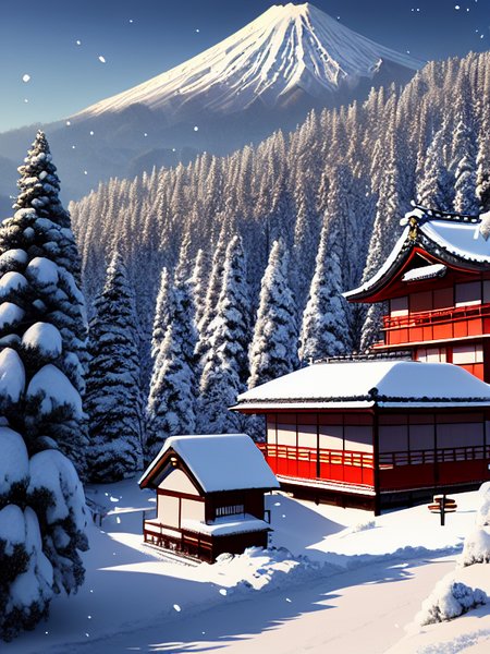 (extremely detailed CG unity 8k wallpaper),(masterpiece), (best quality), (realistic), (((japan))), snowy japanese streets, scenery, style-winter, detailed, fluffy clouds in the sky, (paint splashes:1.3), (splatter:1.2), outrun, vaporware, shaded flat illustration, digital art, trending on artstation, highly detailed, fine detail, intricate, ((lens flare)), (backlighting), (bloom), [Style-Micro::30], (((geisha in kimono)))