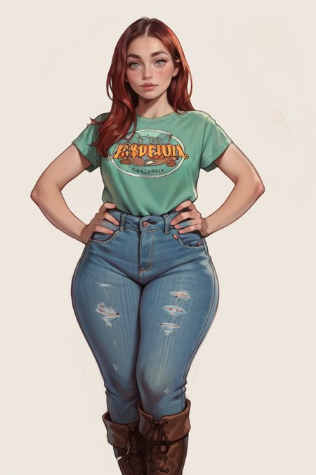<lora:RealMix16:1>, score_9, score_8_up, score_7_up, score_6_up, score_5_up, rating_questionable, source cartoon
1girl, pretty face, pretty eyes, detailed eyes, HD eyes, thick thighs
hands on hips, standing, cowboy shot
looking at viewer, blush, eyebrows, long hair, red hair, green eyes jeans, green t-shirt, boots, high waisted jeans
simple background, white background