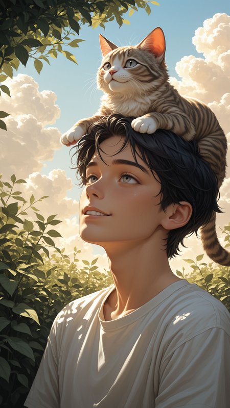 1boy, portrait, (painterly:1.3), <lora:add-detail-xl:1>,
masterpiece,best quality, amazing quality,
black hair, tousled hair, short hair, grey eyes, detailed eyes, wearing a white shirt, short sleeves, tabby cat on his head, smile, tickling cat,
serene expression, dappled sunlight, intricate shadows, surrounded by green foliage, deep blue sky in background, fluffy clouds, warm lighting, natural lighting, tranquil atmosphere, harmonius, dreamy aesthetic, poetic,
looking away, looking up, looking upwards