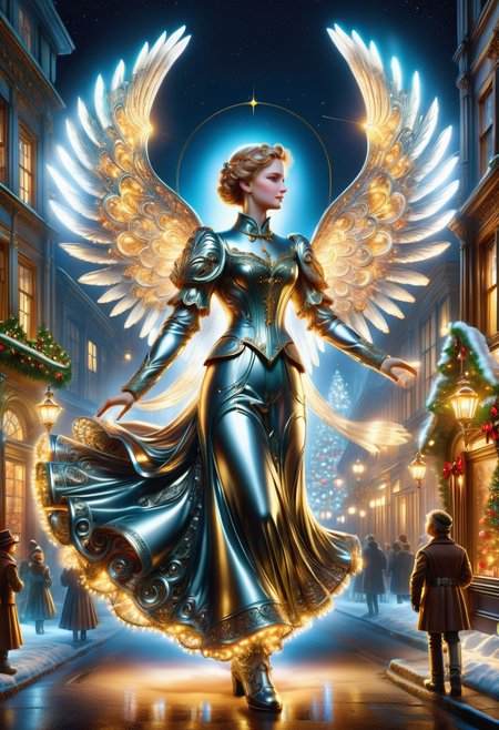 hyper detailed masterpiece, dynamic, awesome quality, DonMSt33lM4g1cXL christmas eve art, victorian era, angels, warm and inviting, christmas lights, colorful and illuminated streets during the night, made of steel, shiny  <lora:DonMSt33lM4g1cXL-v1.1-000008:1>