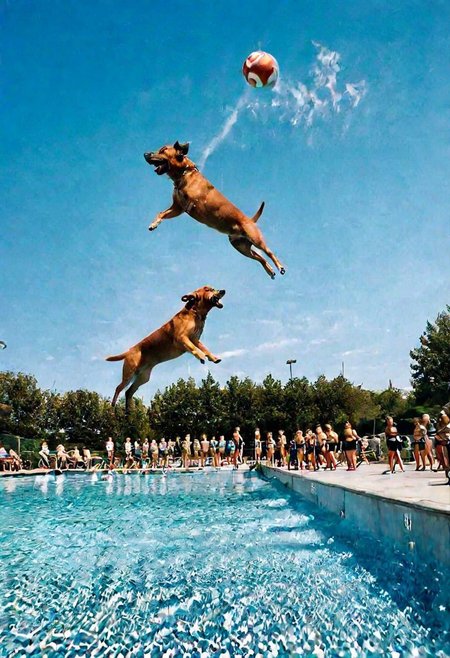 F-B-C, foreground: a dog looking up with its mouth open, background: people jumping off a pool diving platform, effect: people jumping into the dog's mouth