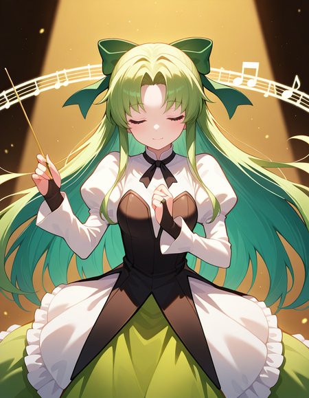 <lora:DHERivierafiaa_SDXL_illustrious_fp16_ver01:1>,DHERivierafiaa, 1girl, green long hair, green eyes, ribbon, dress, juliet sleeves, long sleeves, bridal gauntlets, hair bow,cowboy shot, musical note, closed eyes, conductor baton,staff (music), masterpiece, best quality, very aesthetic, absurdres,<lora:detailed_hands:1>,hand