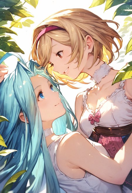 score_9, score_8_up, score_7_up,score_6_up, source_anime, best quality, aesthetic, absurdres, realistic, 
2girls, yuri, happy, smile, (clear eyes:1.1), 
lyria \(granblue fantasy\), very long hair, blue hair, blue eyes, (body_slim:1.1), small breasts, choker, white cami-dress, sleeveless,
djeeta \(granblue fantasy\), blonde hair, short hair, hairband, brown eyes,
 <lora:JitaRuri-Pony:0.8> jitaruri,
