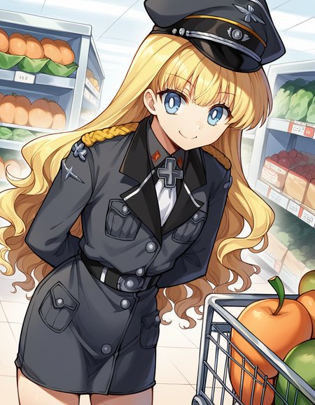 score_9, score_8_up, score_7_up, source_anime, <lora:retia-adolf-ponyxl-lora-nochekaiser:1>, retia adolf, blue eyes, blonde hair, wavy hair, bangs,, gloves, hat, military uniform, peaked cap, zettai ryouiki,, grocery store, shopping cart, picking fruits, everyday life, , , , hands behind back, bent over, smile, solo,, cowboy shot, dutch angle