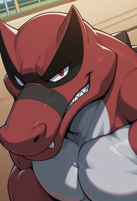 masterpiece,best quality, amazing quality, 1boy,solo,  kr00k, pokemon (creature), bara, muscular, close up, side angle, smirk, outside,