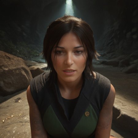 Lara croft, tomb raider, outside cave, sitting, jacket and shirt, happy, pov body, pov close, head shot