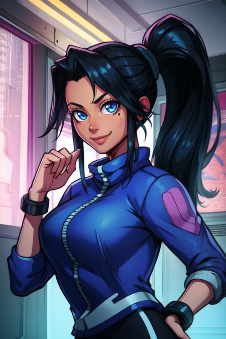 annflores. black hair, blue eyes,   ponytail,  mole under eye, 
blue jacket, wrist cuffs, yoga pants,  zipper, 
smiling,   looking at viewer,  standing,  upper body,  
cyberpunk,  apartment,  indoors, 
 (insanely detailed, beautiful detailed face, masterpiece, best quality) 
 <lora:annflores:0.8>