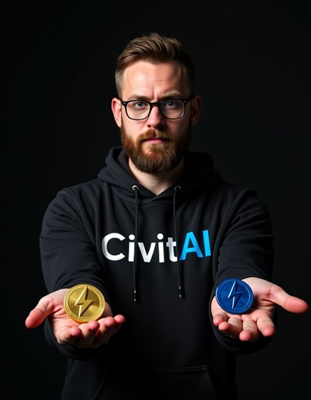 Photo of a man standing in shadows. Man has short brown hair and short full bushy beard. He is looking at viewer with a serious expression. He is wearing glasses and black hoodie with word "CivitAI" printed on it, "Civit" in white letters and "AI" in blue letters. Man is holding two big metallic coins in open palms and presenting them to the camera as if offering them. In the right hand he has golden coin with a lighting bolt symbol engraved on it. In the left hand he has blue cobalt coin with a lighting bolt symbol engraved on it.