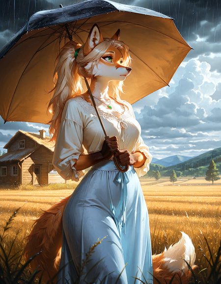 masterpiece, best quality, amazing quality, very aesthetic, high resolution, ultra-detailed, absurdres, newest,jedopil, oil painting,heavy rain, dark, clouds,

BREAK

furry fox female,anthro,two tone, 1girl, SOLO, detailed fur,fur detail, detailed fur ,long hair in a ponytail,light blond hair color,light brown fur,tail,short ,feminine body,wide hips, green eyes, medium breasts,

BREAK

farm house,necklace,white blouse,light blue long skirt, standing,looking into the distance,under an umbrella, field,

BREAK,

 detailed background, detailed hair, depth of field, detailed fluffy fur, photorealistic details, volumetric lighting 