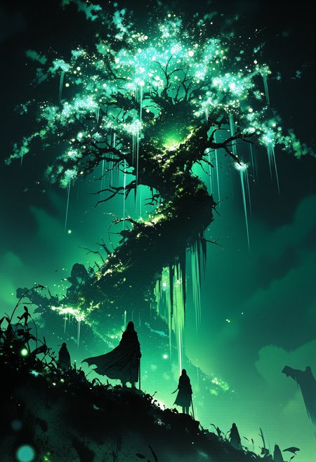 aidmamj6.1, bo-abyss , 8k, intricate detail, cinematic lighting, epic composition, cinematic,  vibrant reflective holographic drawing in the style of ckhg art of ice  flowers surrounded by sparkling light particles on the Towering mossy world tree,Yggdrasill,  black background, deep black silhouette
ice  particles cascading down from the  Petals of Fire  of flower 
The light shines faintly and dully due to the fog rising from the air, creating a fantastic atmosphere.
cracked light , smokey haze in floating, dreamlike reality
Fantastic and mysterious illustration like the world in a transparent dream
<lora:aidmaMJ6.1_v0.5_3:0.4> <lora:digital-abyss:0.5> <lora:ck-holographic-glitter-000015:0.2>,<lora:Abstract_Art_III:0.1> , complex , expressive, green
