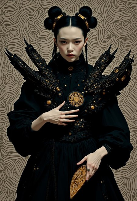 A woman with striking, angular features and a pale, confident complexion stands against a mesmerizing backdrop of black-and-white fractal lines, forming an intricate optical illusion that creates depth and movement. She wears a flowing black dress adorned with gold accents and wind-inspired swirling patterns, reminiscent of traditional attire with a modern, avant-garde twist. The dress features structured fan-like elements at her shoulders and waist, exuding a commanding, regal presence. Her hair is styled in four sleek buns, each adorned with intricate fan-shaped accessories, enhancing her sense of power. Her gaze is intense and steady, exuding quiet strength and determination. Soft, focused lighting highlights the gold details of her outfit, as one hand grips a sculpted fan by her side while the other extends slightly forward, poised with latent energy. The optical illusion background enhances the surreal quality of the scene, blending geometric complexity with the elegance of her outfit for a striking, fashion-forward aesthetic.