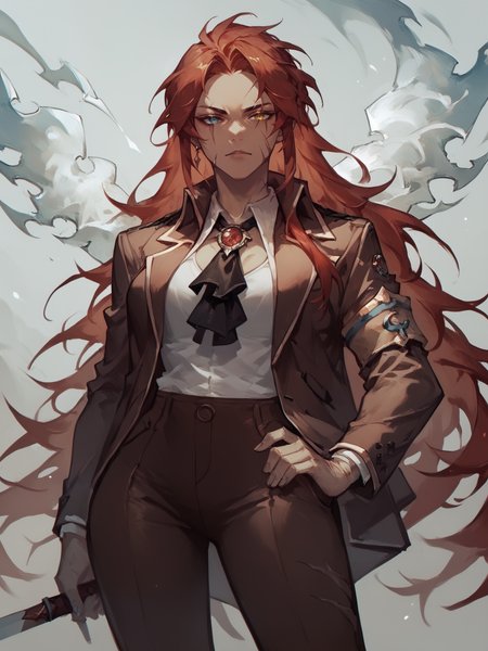 score_9, score_8_up, score_7_up, Gebura, 1woman, solo, red long hair, scars on face, heterochromia, (brown blazer), black necktie, brown pants,  Concept Art <lora:Gebura:1>   <lora:Concept Art Twilight Style SDXL_LoRA_Pony Diffusion V6 XL:1>