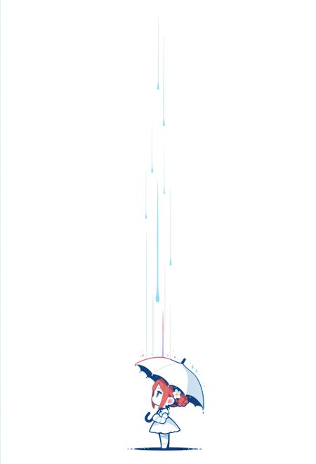 1girl, doll girl, chibi girl, doll joints, red hair, long hair, braided bun, hair ribbons, hair flower, standing,  side view, holding umbrella, rainbow colored rain, minimalism, (monochrome, negative space:1.2), white theme, painterly, limited palette, whimsical, fine art, masterpiece, best quality, good quality, very awa, very aesthetic, absurdres, newest, haiz_ai, no lineart,no outlines,