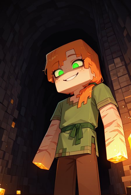 <lora:alexmc-10:1> alexmc, orange hair, 1girl, solo, green eyes, long green shirt, brown pants, short sleeves, freckles, square arms, square body, green waist ribbon,  minecraft world, inside a cave, glowing eyes, no pupils, crystal coming out of walls, cubes, evil grin, dark scene, no light, scars, injury, masterpiece, best quality, amazing quality, very aesthetic, absurdres, newest,