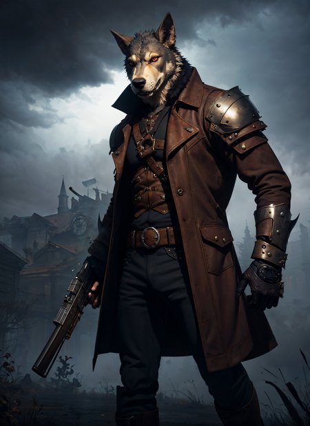 1boy, cowboy shot of heworg, steampunk, athletic, black fur, long leather coat, armor, gun in holster, red eyes, glowing eyes, victorian town outdoors, dark atmosphere, fog, mist, volumetric lighting, horror, storm, rain, best quality, masterpiece, realistic <lora:sxz-worgen:0.6>