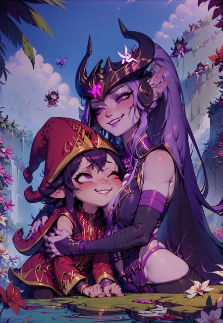score_9, score_8_up, score_7_up, score_6_up, 2 girls, Lulu and Syndra, Syndra is hugging Lulu, young face, shy smile